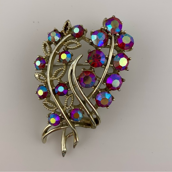 CORO FLORAL RED AURORA BOREALIS AB FLOWERS LEAVES Goldtone Vintage SIGNED 2-1/4" - Picture 14 of 14